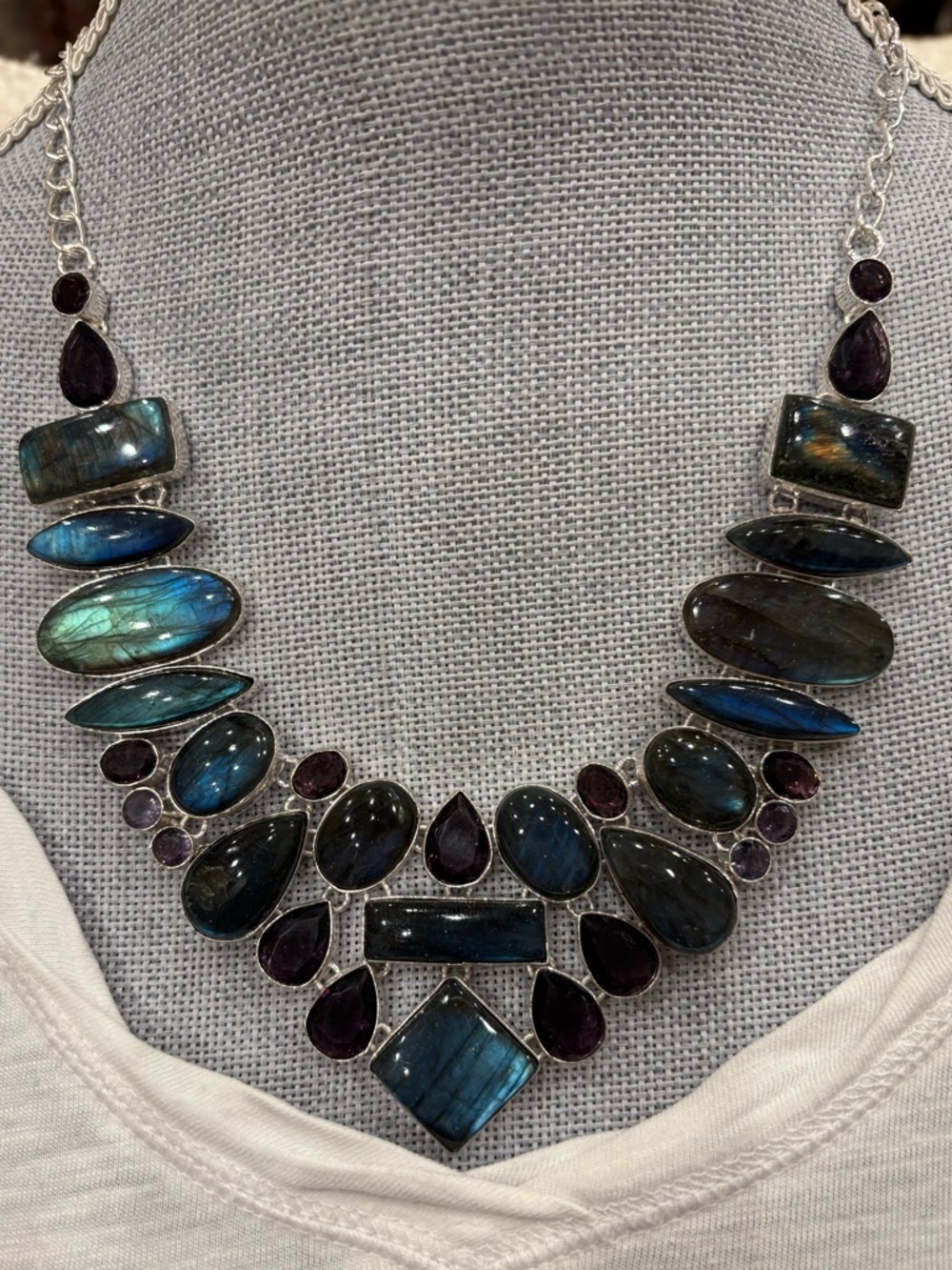 925 Handcrafted Labradorite & African Amethyst Statement Necklace - Multi-Blue